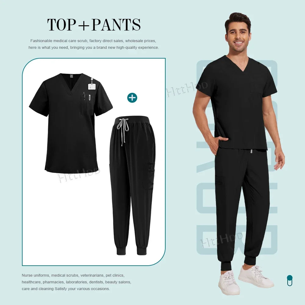 Unisex black nurse surgical scrub suit jogger set featuring breathable fabric and stylish design for medical professionals.