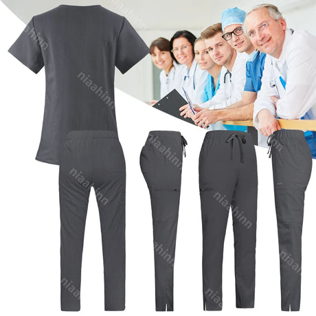 Solid color veterinary workwear scrub set including top and pants, designed for comfort and practicality.