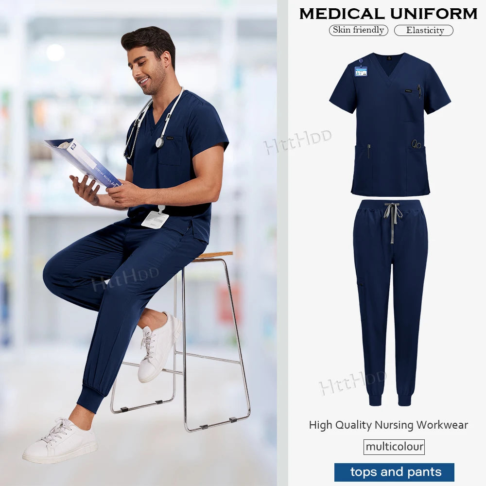 Medical scrubs uniform set featuring navy short-sleeved top and pants for nursing work, breathable and elastic fabric.