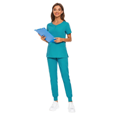 7-color nursing work uniform with zipper v-neck top and pants, ideal for beauty salons and kitchens in vibrant hues.
