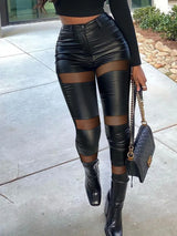 Women Mesh PU Leather Skinny Pants