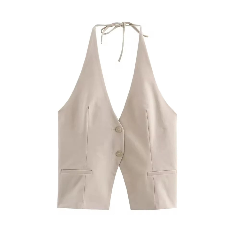 Front Button Halter Backless Camisole Tank