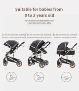 3-in-1 baby stroller for ages 0-3 years, adjustable positions for comfort and convenience.