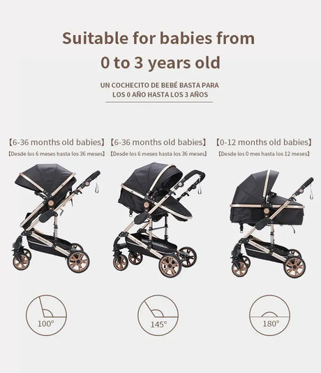 3-in-1 baby stroller for ages 0-3 years, adjustable positions for comfort and convenience.
