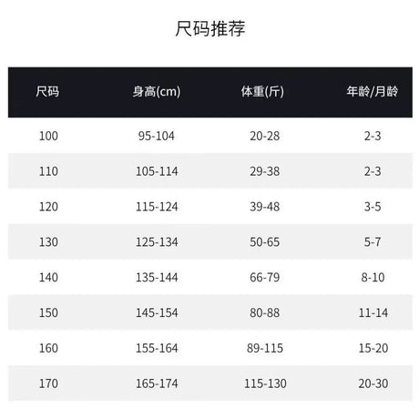 Size recommendation chart for girls' clothing, including height, weight, and age ranges for various sizes.