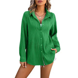 Green casual blouse with long sleeves and button closure for women, featuring a relaxed fit and turn-down collar.