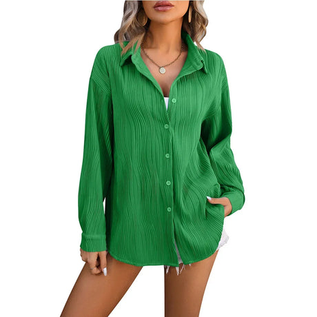 Green casual blouse with long sleeves and button closure for women, featuring a relaxed fit and turn-down collar.