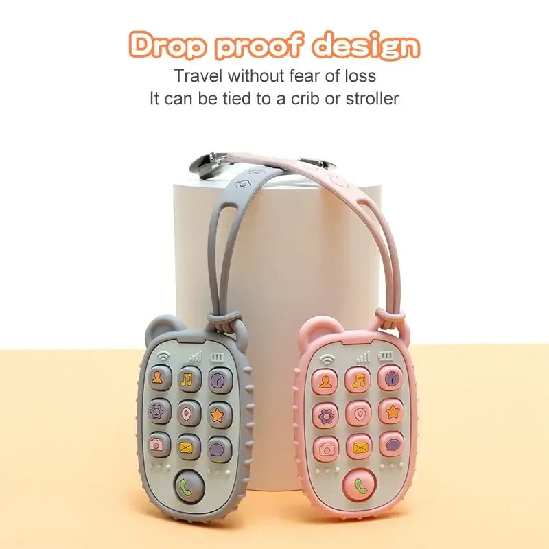 Colorful drop proof baby phone toys in pink and gray design, ideal for cribs and strollers, ensuring safety and fun.