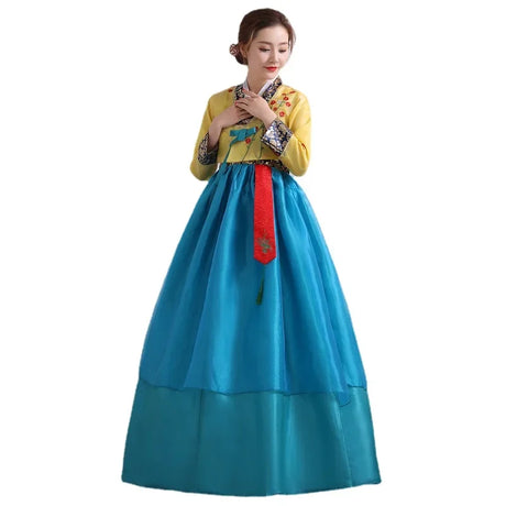 Traditional Korean Hanbok dress in vibrant blue and yellow, perfect for cultural events and dance, available in various sizes.