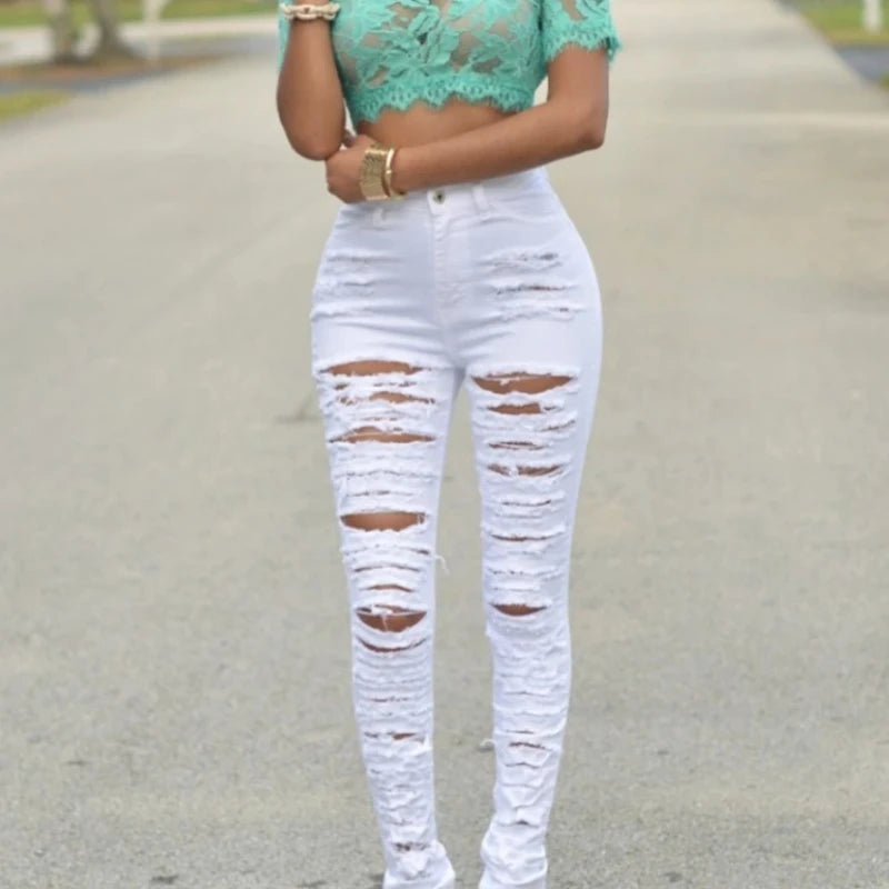 Women Ripped High Waist Jeans