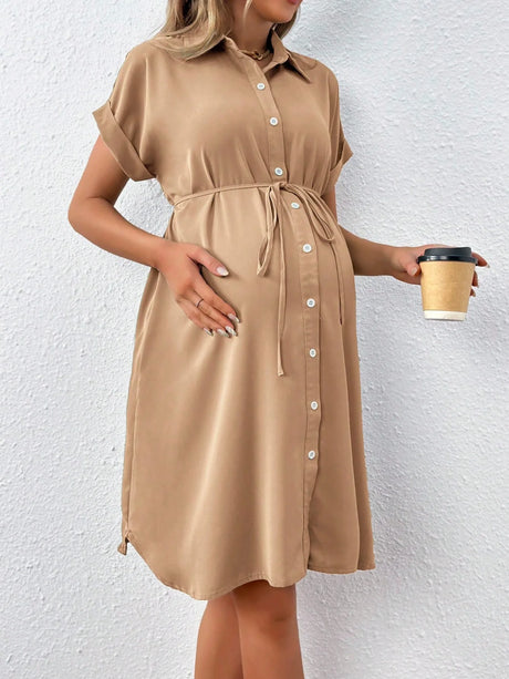 Maternity casual summer dress in natural color, featuring button-down design and tie waist, perfect for expectant mothers.