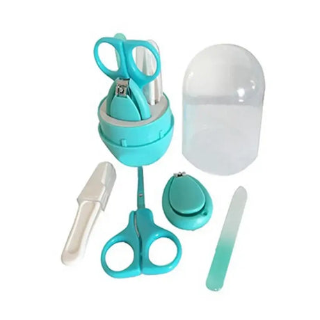 Newborn baby nail scissor kit in turquoise, includes clippers, scissors, and nail file, safe for ages 0-6 years.