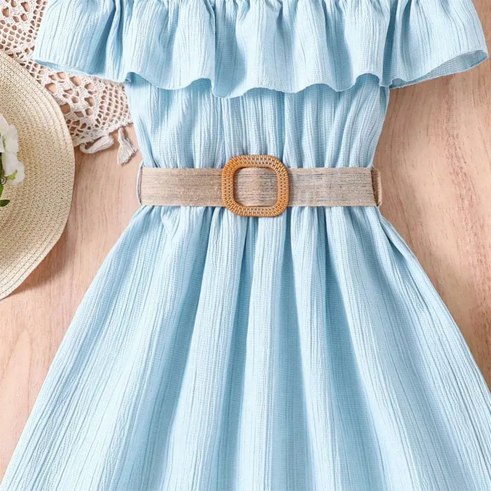 Light blue off-shoulder casual dress with ruffled neckline and a stylish belt, perfect for summer outings.