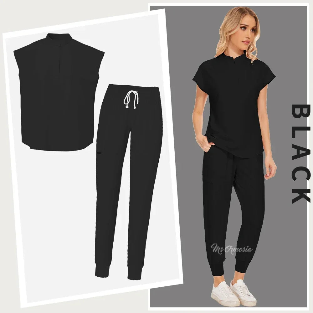 Stylish black elastic medical scrub set for healthcare professionals, featuring short sleeve top and tapered pants.