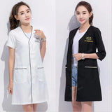 Custom Logo Spa Beauty Uniform featuring white short sleeve and black lab coat for women in beauty and medical professions.