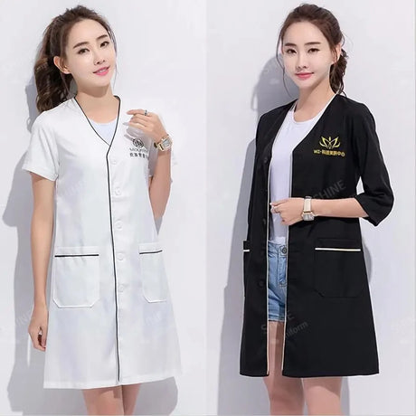 Custom Logo Spa Beauty Uniform featuring white short sleeve and black lab coat for women in beauty and medical professions.