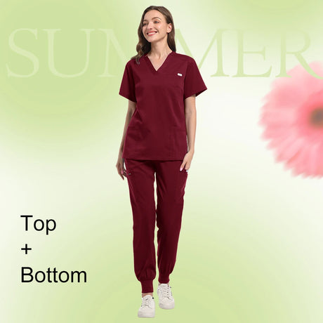 Multicolor scrubs set for women, featuring a short sleeve top and pants in burgundy, ideal for medical professionals.