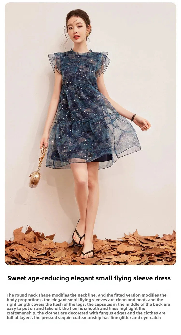 LOUIS YAO sparkling above-knee dress with flounced sleeves and patchwork design, perfect summer outfit for women.