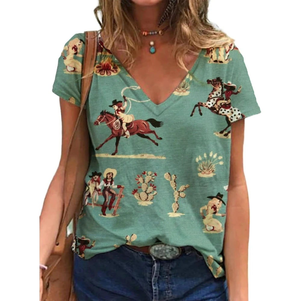 Women’s Western Cowgirl Graphic T-Shirt with V-neck, featuring floral and cowboy designs on a teal background.