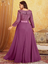 Women Plus Size Chiffon Sequin Long Sleeve Evening Dress