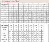 Standard size chart for women’s clothing including US, European, and UK sizes with measurements for bust and waist.