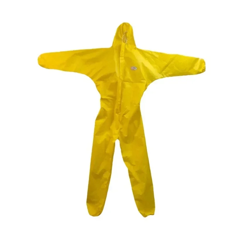 Chemical resistant yellow work coverall with hood, waterproof and protective for utility and safety use.
