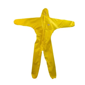 Chemical resistant yellow work coverall with hood, waterproof and protective for utility and safety use.