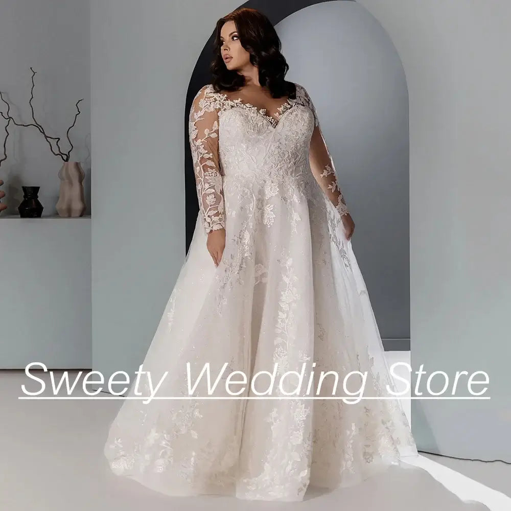 Women Plus Size Glitter Tulle Long Sleeve Wedding Gown