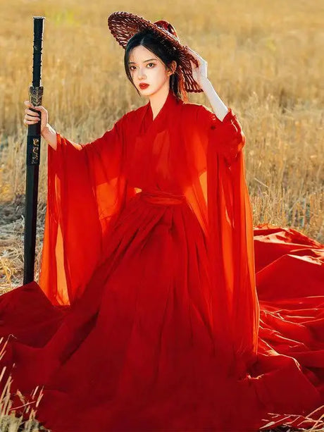 Swordsman Hanfu Costume in wine red, featuring flowing sleeves and traditional design for adults, perfect for cosplay.