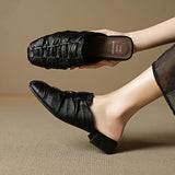 Women Mules Leather Block Heel Sandals