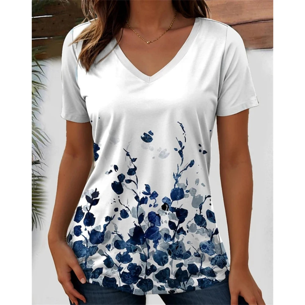 3D flower graphic V-neck tee for women, featuring a stylish floral pattern in blue tones, perfect for casual wear.