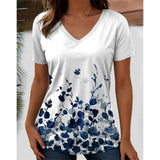 3D flower graphic V-neck tee for women, featuring a stylish floral pattern in blue tones, perfect for casual wear.