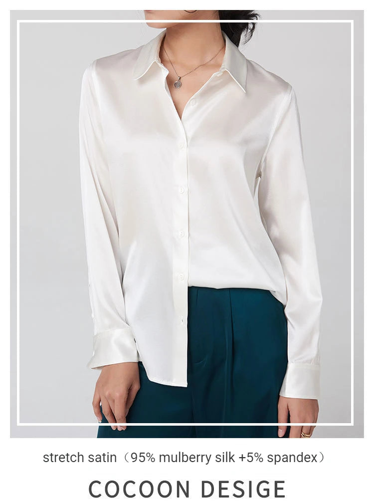 SatinGrace™ long sleeve silk shirt for women, 95% mulberry silk, loose fit, V-neck, perfect for middle-aged styles.