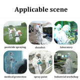 Different applications of chemical resistant coveralls in pesticide spraying, disinfection, lab work, and industrial settings.
