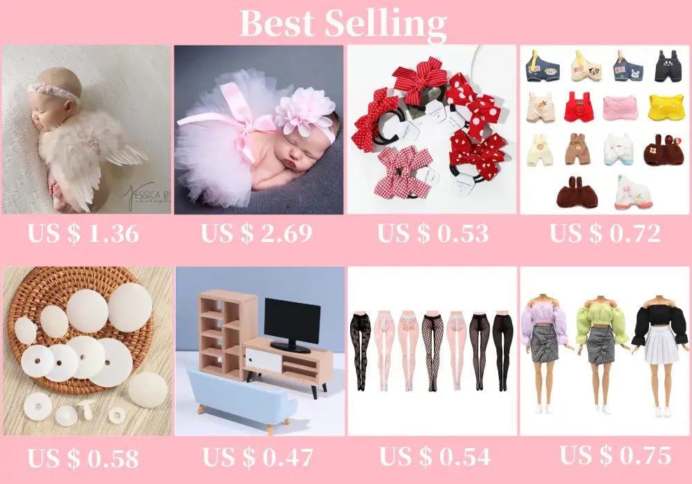 Collage of best selling baby clothing and accessories, featuring prices and diverse products for infants and dolls.
