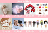 Collage of best selling baby clothing and accessories, featuring prices and diverse products for infants and dolls.