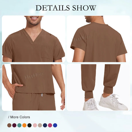 Unisex nurse surgical scrub suit jogger set in brown with pockets, featuring breathable fabric and elastic cuffs.