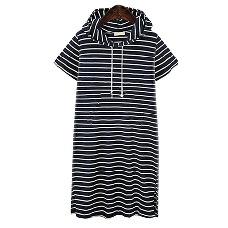 Striped pleated maternity dress in navy and white with hood and pockets, perfect for summer baby showers.