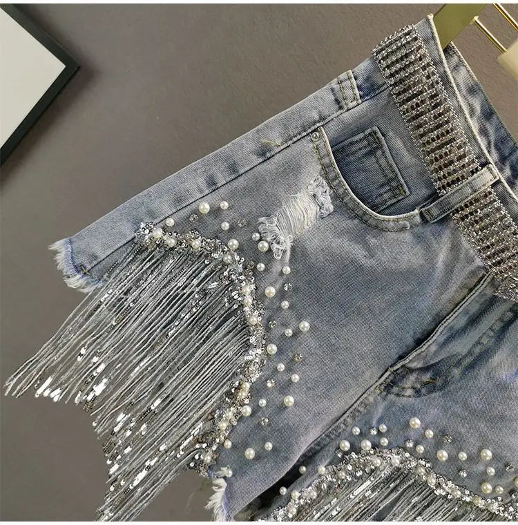 GlamBeads™ – Beaded Sequin Denim Shorts (Fringed, Broken Copper Style)