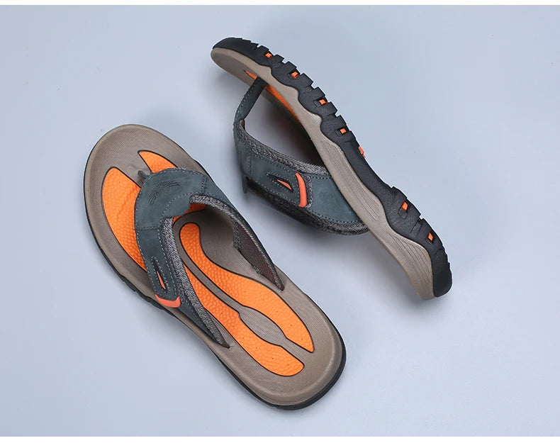 Men Cow Leather Beach Flip Flops Sandals