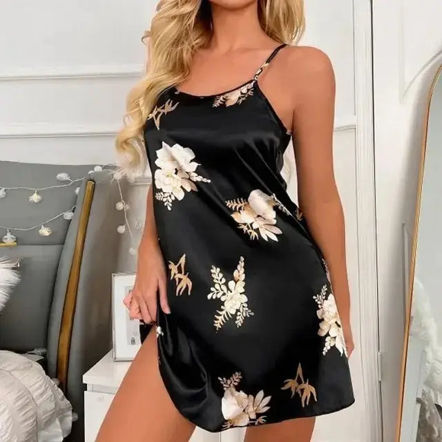 Women Black Floral Nightdress Satin Sleepshirt Casual
