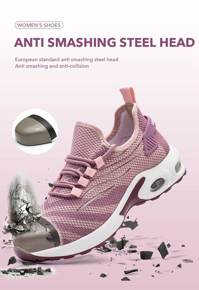 Women Safety Shoes Pink Steel Toe Sneakers