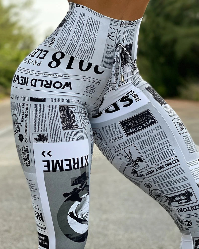 Women Newspaper Print Lifting Pants