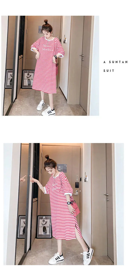 Striped maternity dress in pink and white, loose fit, perfect for summer styling.