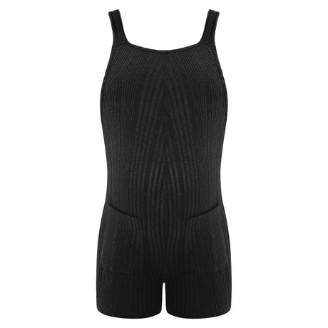 Sleeveless ribbed maternity jumpsuit in black, perfect for casual summer wear, featuring a loose fit and convenient pockets.