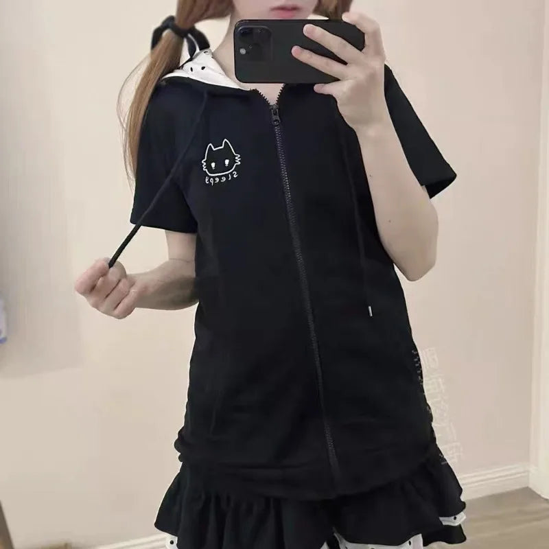 Black Cute Zipper Hoodie