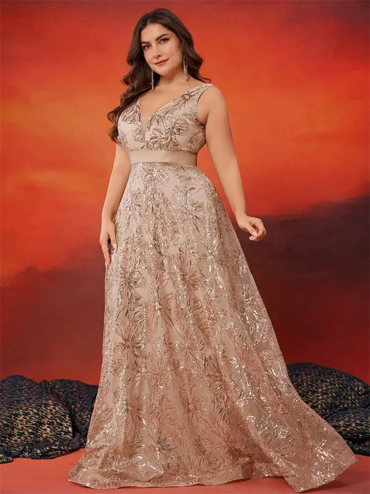 Women Plus Size V-Back Sequin Evening Cocktail Dress