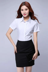 Youthful office style white short sleeve shirt, slim fit women's clothing, versatile budget-friendly fashion.