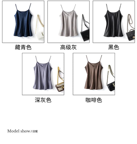 BandeauSilk™ double-layer silk camisoles in navy, gray, black, light gray, and brown, perfect for summer casual style.