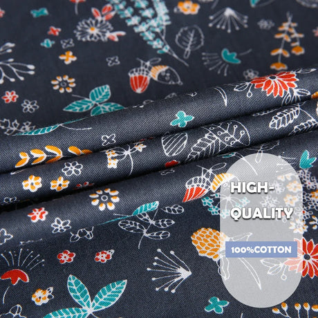 Close-up of high-quality 100% cotton fabric with colorful floral patterns on a dark background.